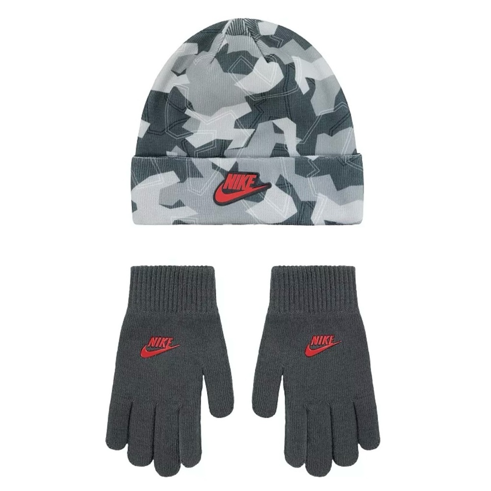 NEW Nike Gray Camo Printed Beanie Hat and Gloves Set, Youth Boys 8-20